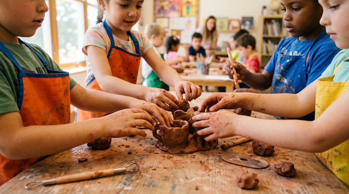 Children shaping clay in a pottery workshop